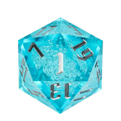 55mm Titan d20: Sharp Edge Bubbles - Cyan with Silver Ink and Air Bubbles