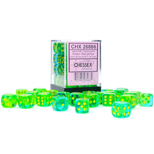 CHX26666: Gemini - 16mm D6 Translucent Green-Teal w/yellow (12)