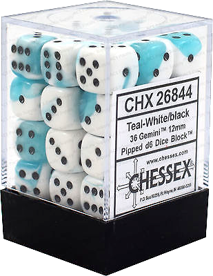 CHX26844: Gemini - 12mm D6 White-Teal w/black (36)