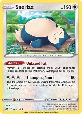 Snorlax - 143/196 (SWSH11) Holo Rare - Near Mint Holofoil