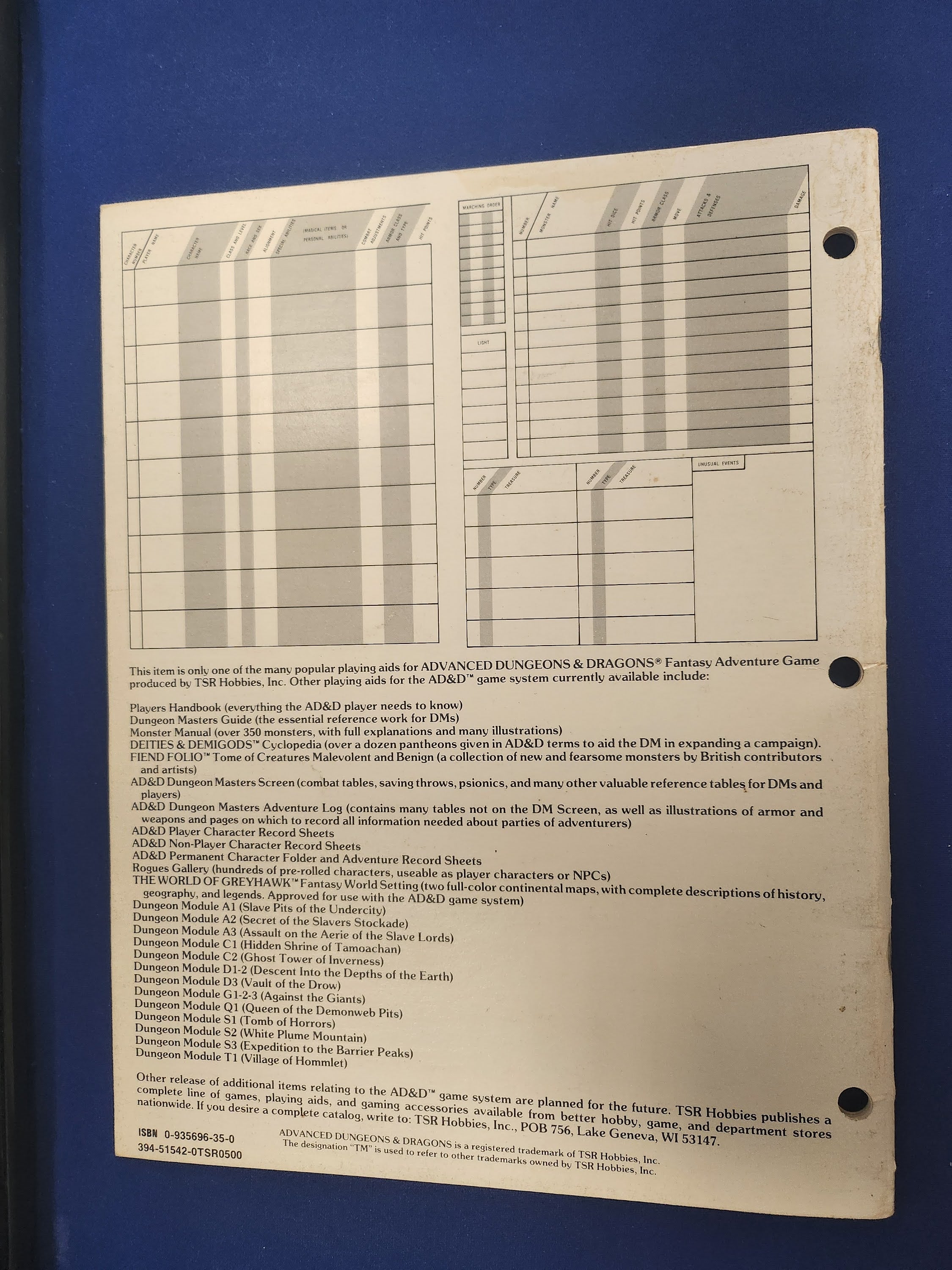 AD&D: Fantasy Adventure Module - Dungeon Masters Adventure Log (9036)(USED) 5th Printing