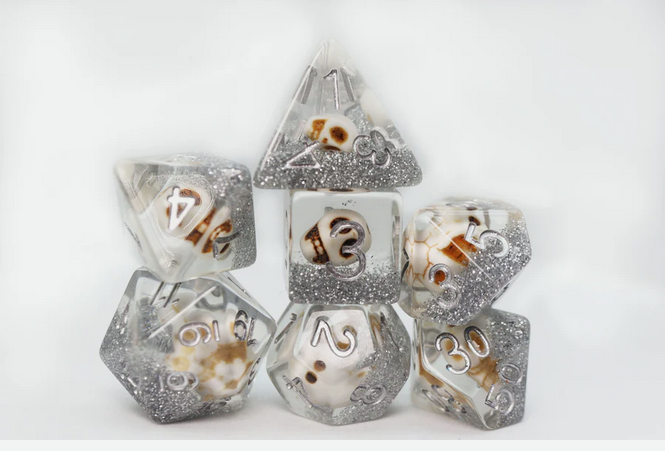Skull and Silver Glitter RPG Dice Set