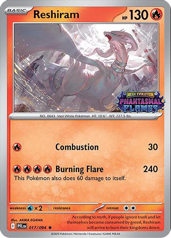 Reshiram (Phantasmal Flames Stamped) - 017/094 (PFL) Rare Holofoil Near Mint Played
