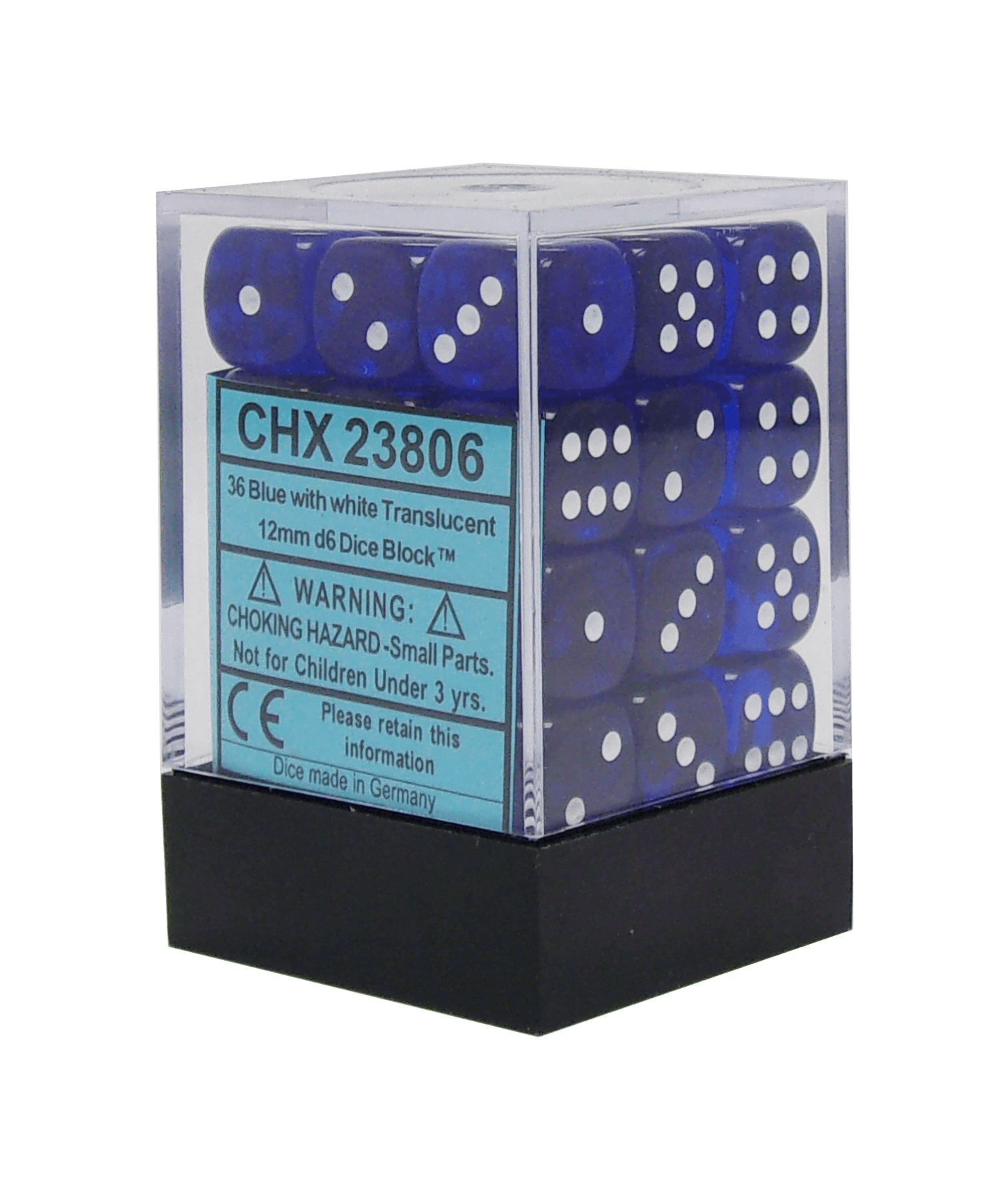CHX23806: Translucent - 12mm D6 Blue w/white (36)