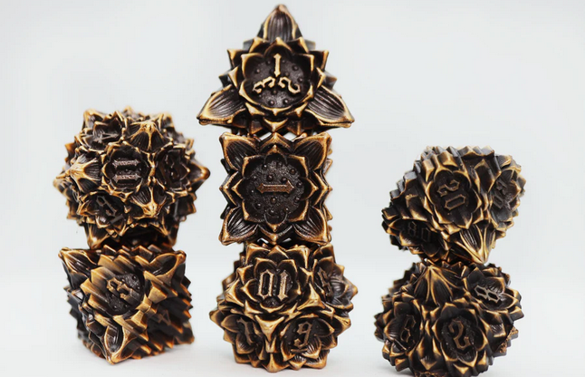 Floral Starburst: Gilded Goldenrod - Metal RPG Dice Set