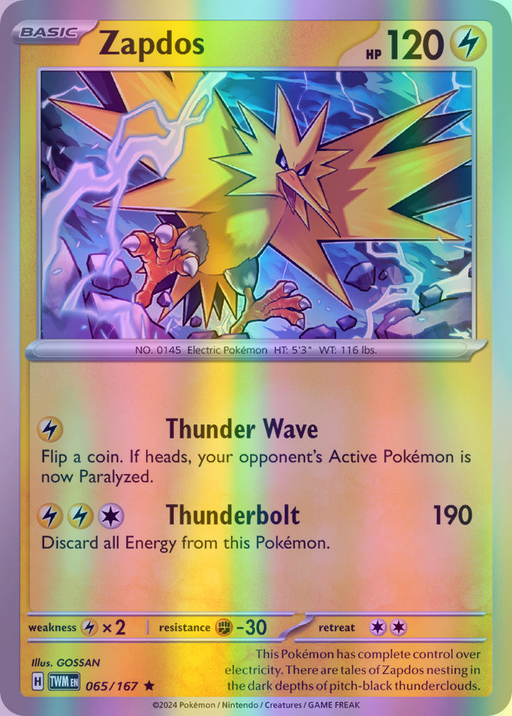 Zapdos - 065/167 (TWM) Rare - Near Mint Reverse Holofoil