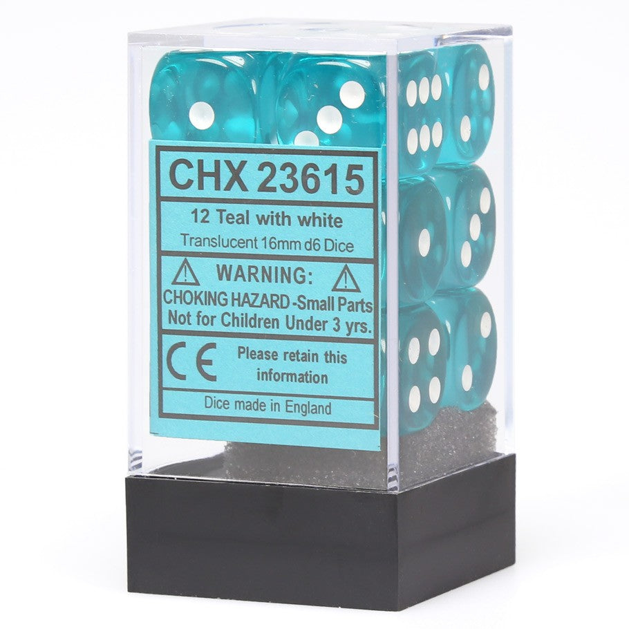 CHX23615: Translucent - 16mm D6 Teal w/white (12)
