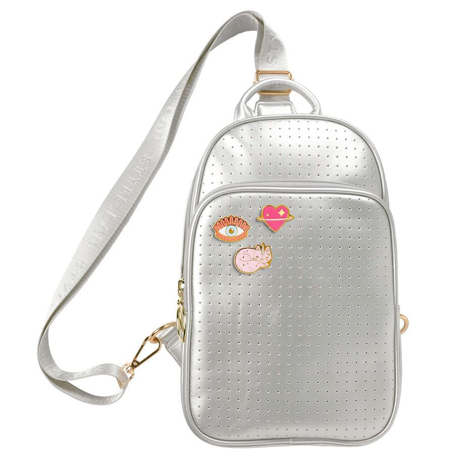 Reese: Perforated Crossbody Backpack - Silver