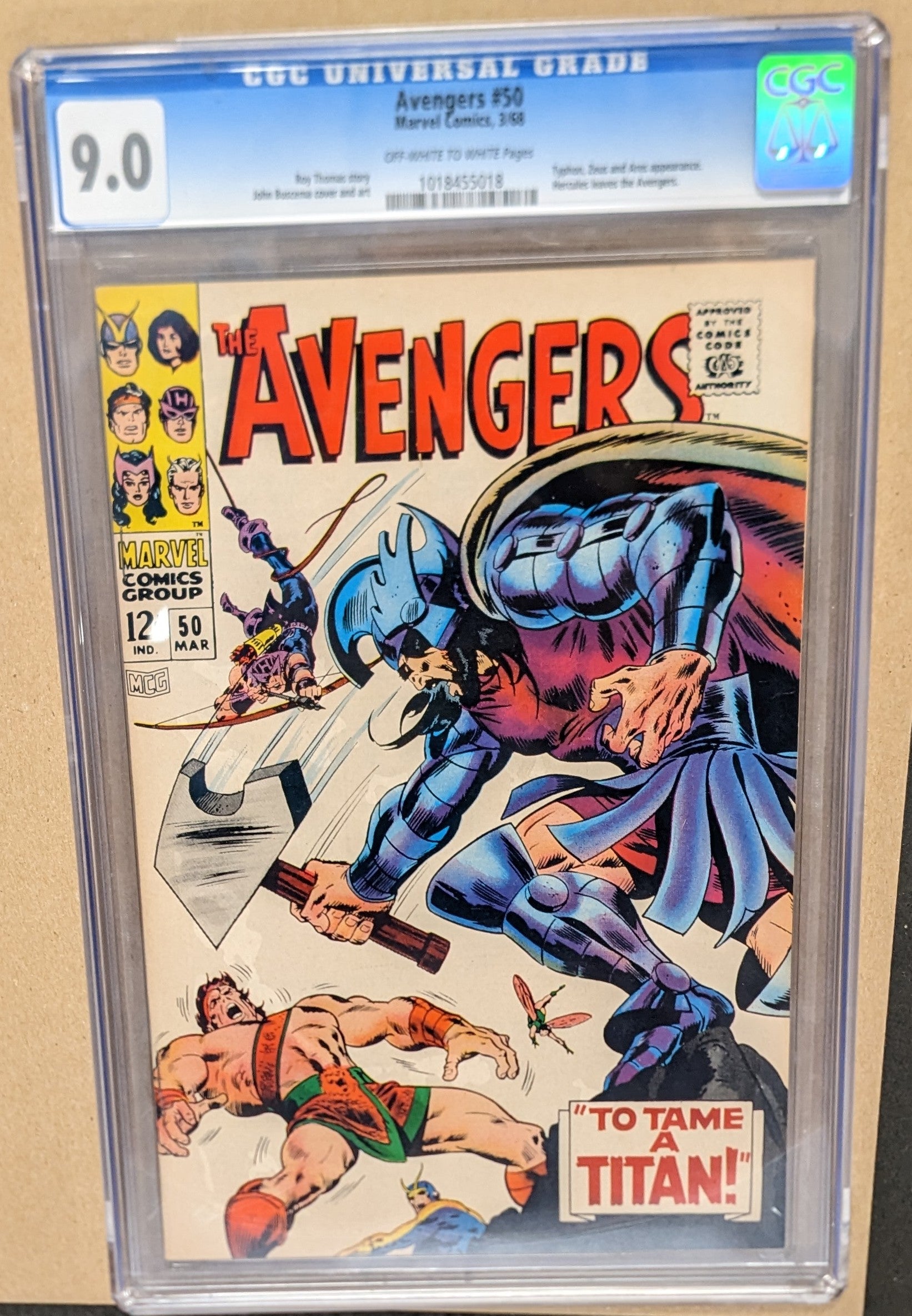 Avengers (1963 Series) #50 (CGC 9.0) Typhon, Zeus and Ares Appearance, Hercules leaves the Avengers (Cracked Case)