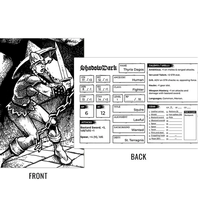Shadowdark RPG - 12 Premade 1st-Level Character Cards