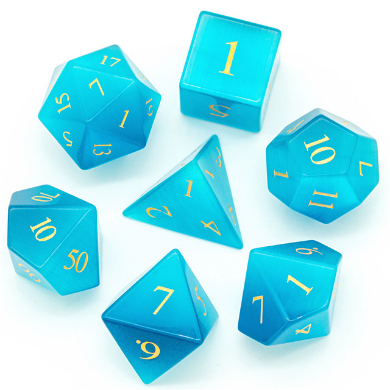 Gemstone Dice - Blue Cat's Eye Engraved w/ Gold (7)