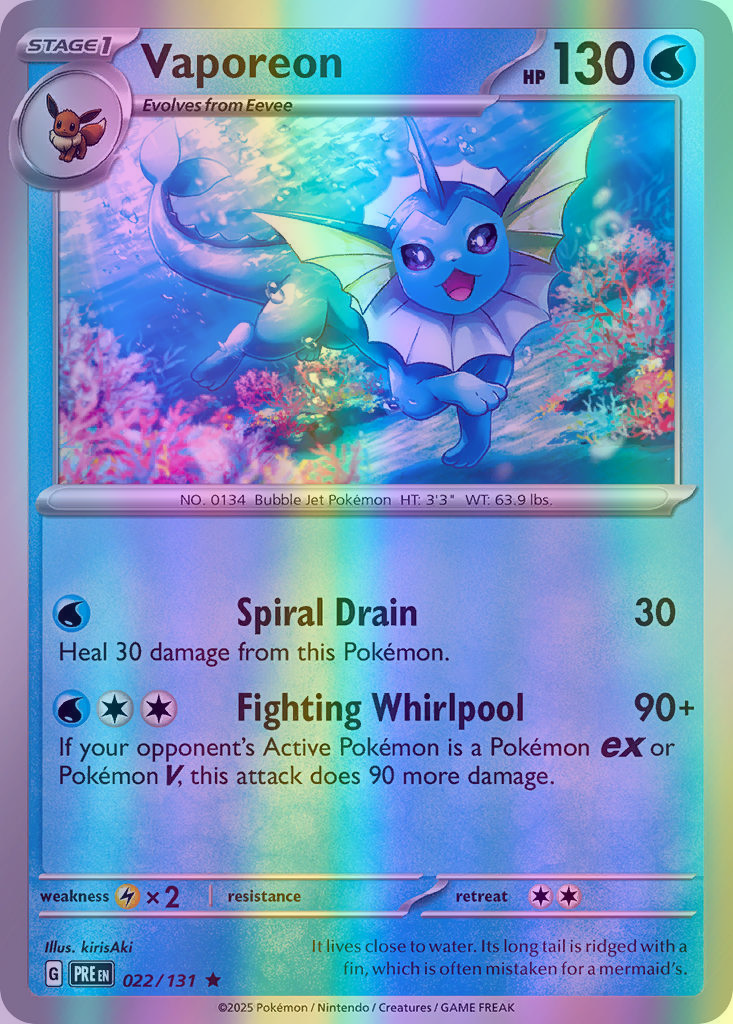 Vaporeon - 022/131 (PRE) Rare - Near Mint Reverse Holofoil