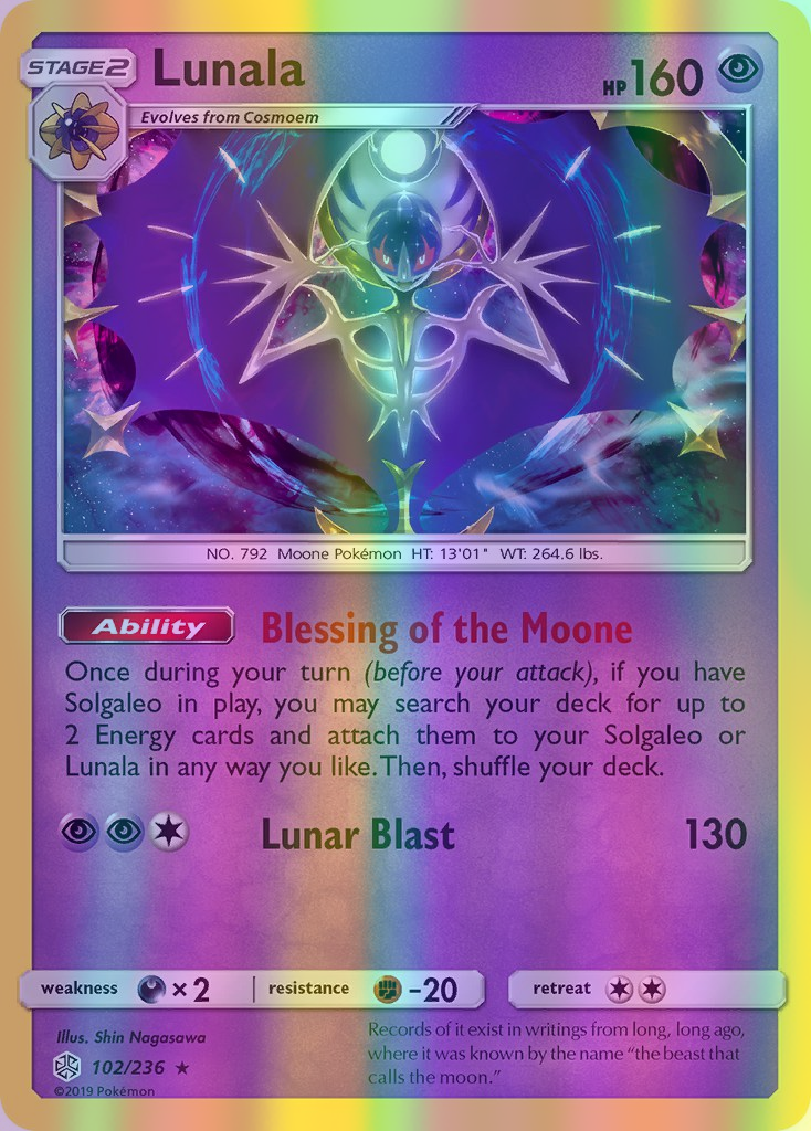 Lunala - 102/236 (CEC) Holo Rare - Near Mint Reverse Holofoil