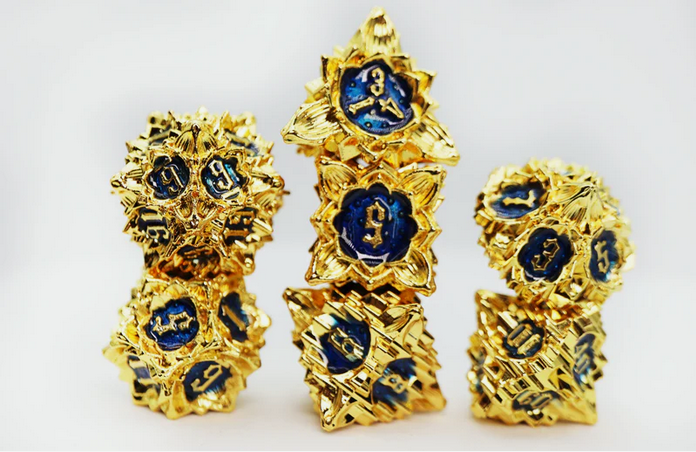 Floral Starburst: Golden Sweet Pea - Metal RPG Dice Set