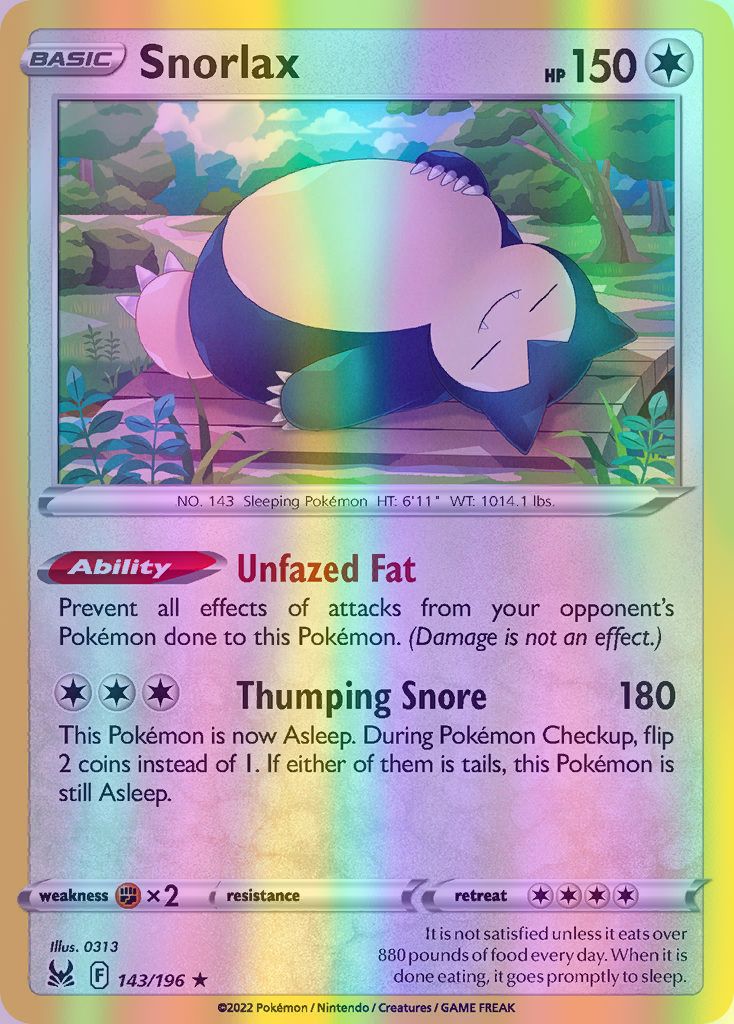 Snorlax - 143/196 (SWSH11) Holo Rare - Near Mint Reverse Holofoil