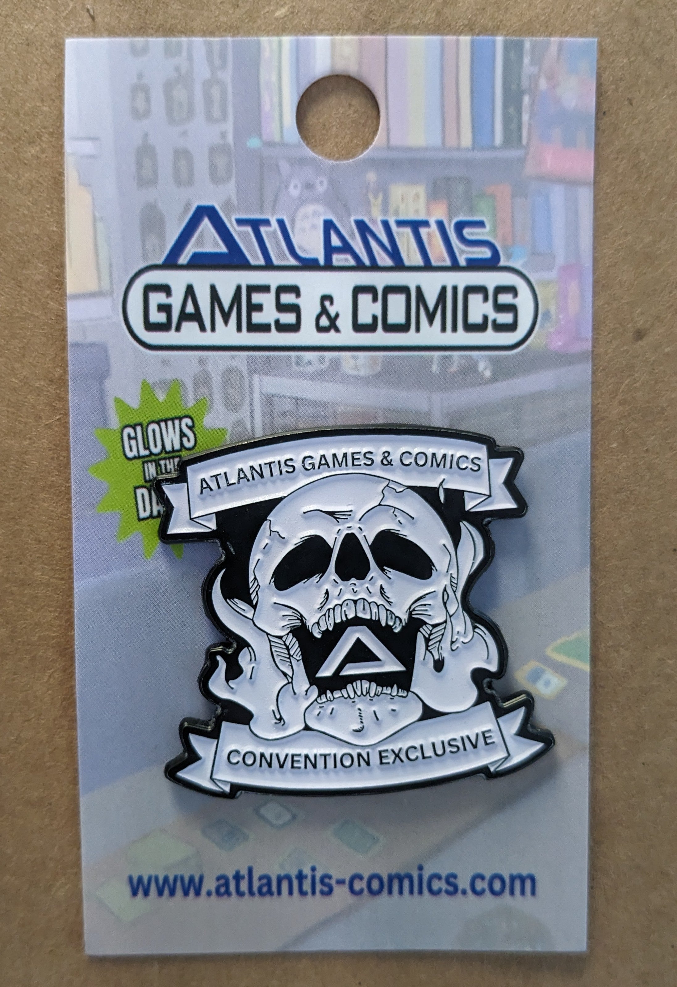 Atlantis Swag: 2024 Flaming Skull Logo Convention Exclusive 1.5" Pin (Glow in the Dark)