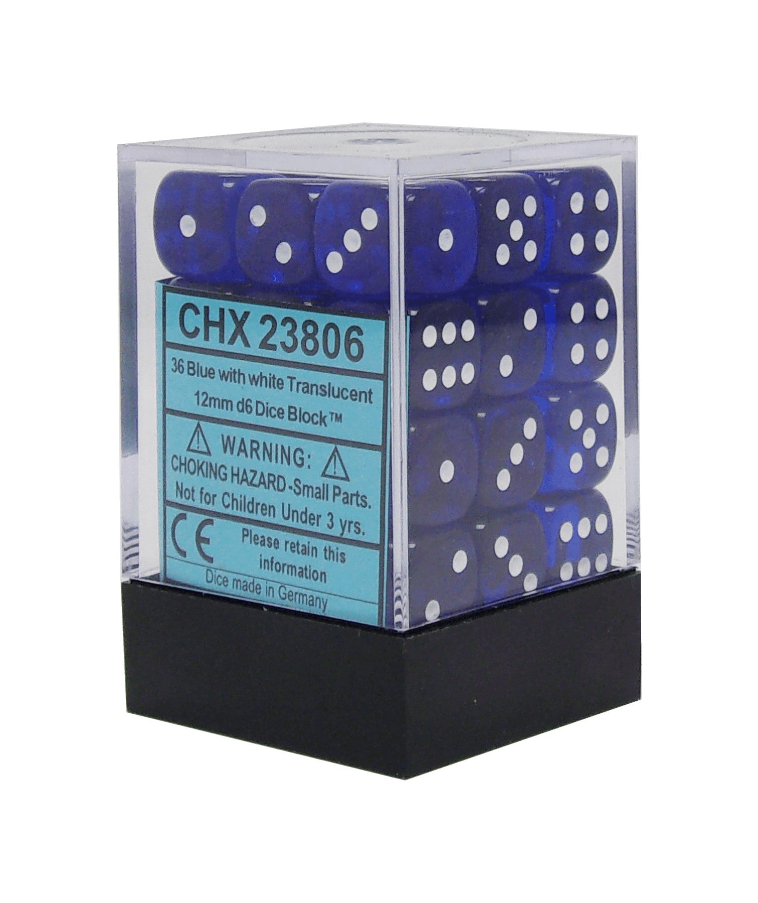 CHX23806: Translucent - 12mm D6 Blue w/white (36)