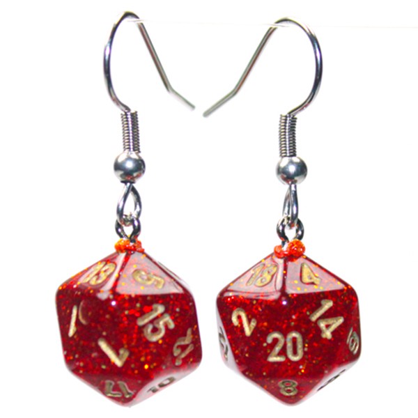 CHX54208: Hook Earrings - Glitter: Mini d20 Ruby (Pair)