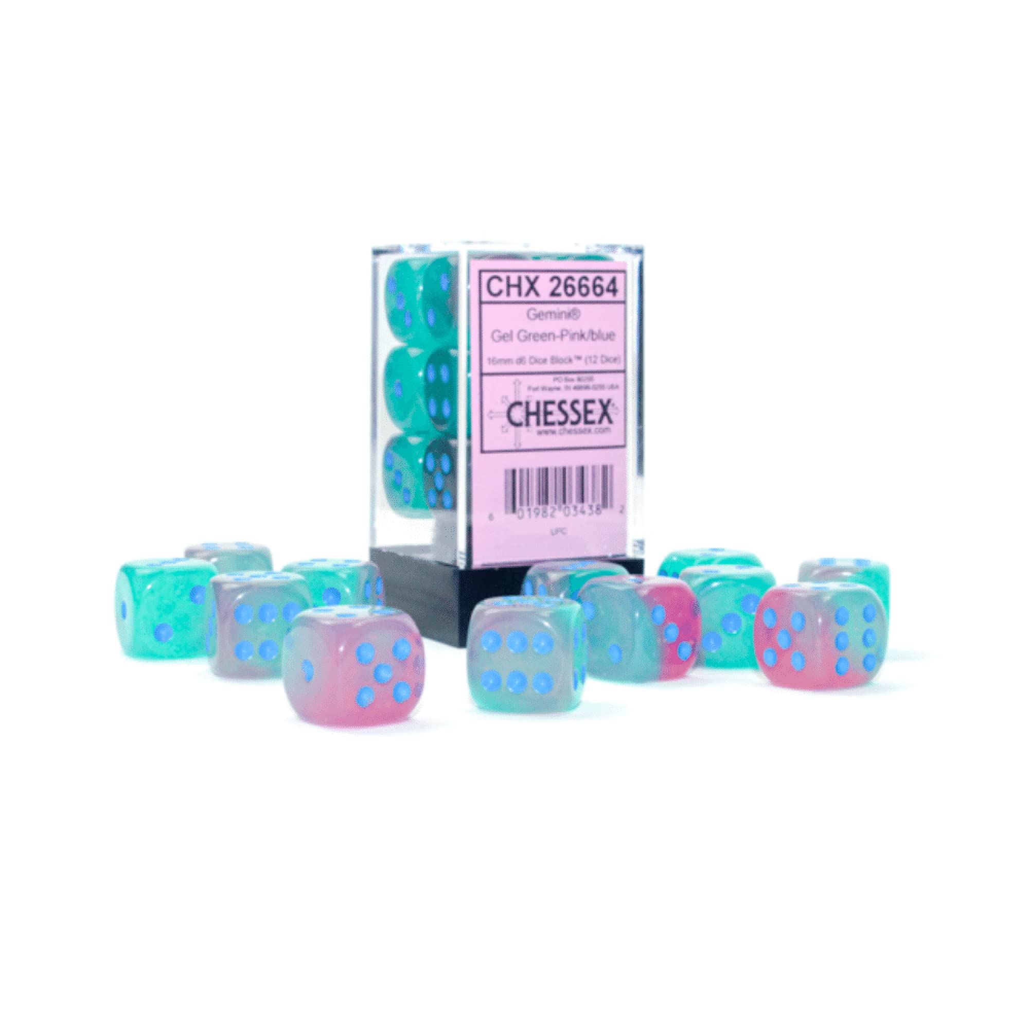 CHX26864: Gemini - 12mm D6 Gel Green-Pink w/blue (Luminary) (36)