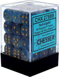 CHX27889: Phantom - 12mm D6 Teal w/gold (36)