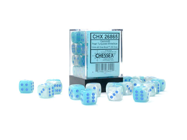 CHX26865: Gemini - 12mm D6 Pearl Turquoise-White w/blue (Luminary) (36)