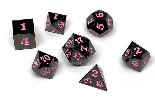 Gun Metal 7 Piece Dice Set - Signature Font - Pink
