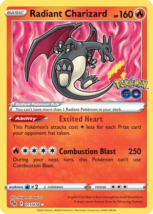 Radiant Charizard - 011/078 (PGO) Radiant Rare - Near Mint Holofoil