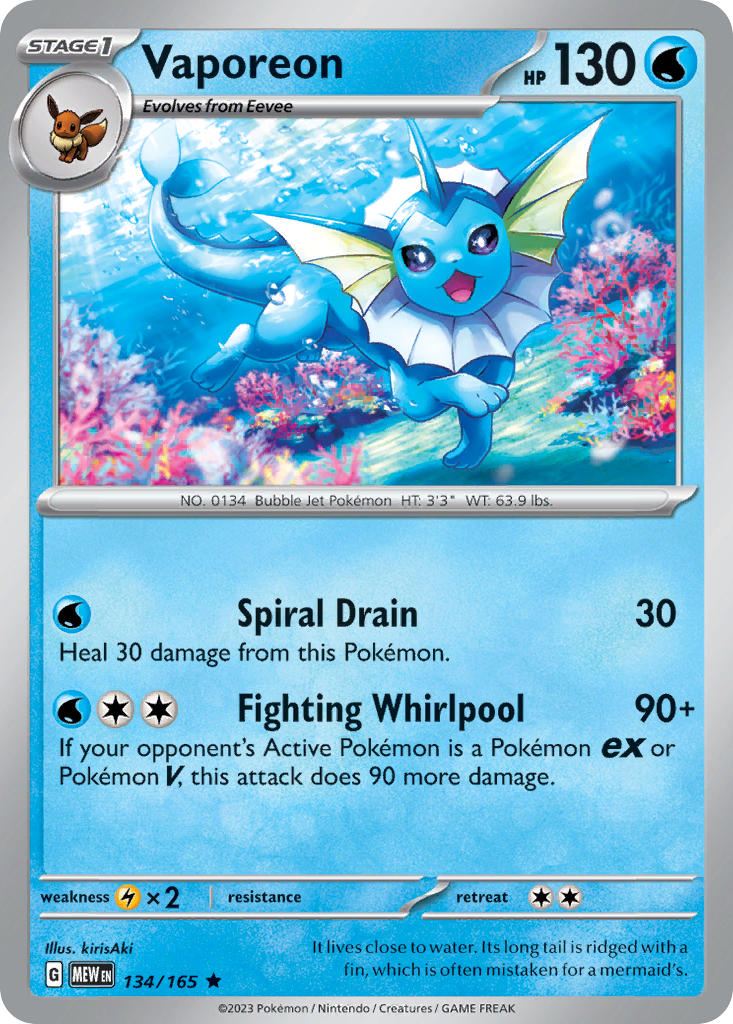 Vaporeon - 134/165 (MEW) Rare - Near Mint Holofoil