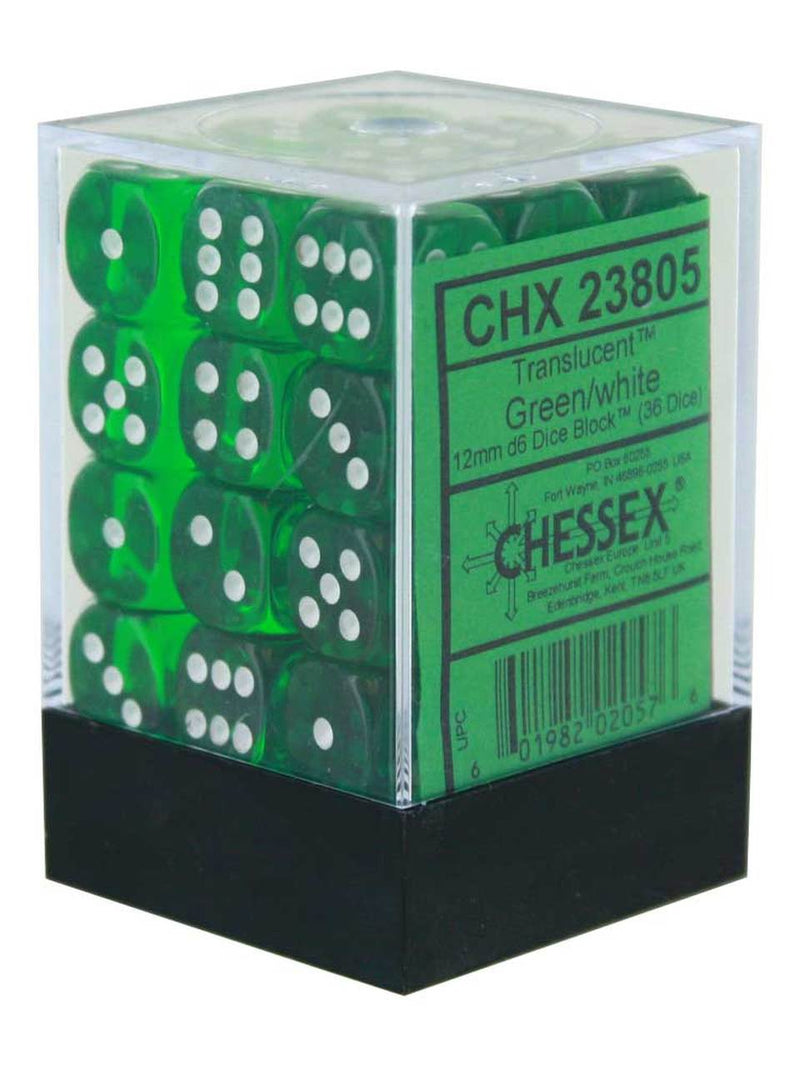 CHX23805: Translucent - 12mm D6 Green w/white (36)