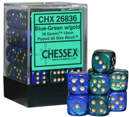 CHX26836: Gemini - 12mm D6 Blue-Green w/gold (36)