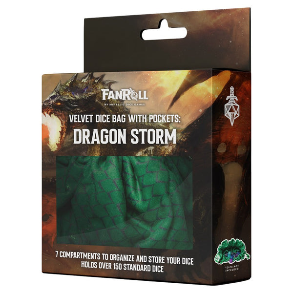 Fanroll by MDG: Dragon Storm - Velvet Dice Bag w/ Pockets: Green Dragon Scales