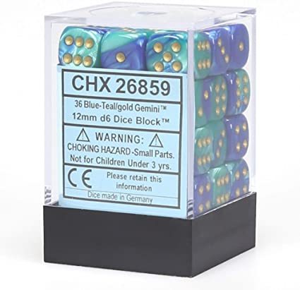 CHX26859: Gemini - 12mm D6 Blue-Teal w/gold (36)