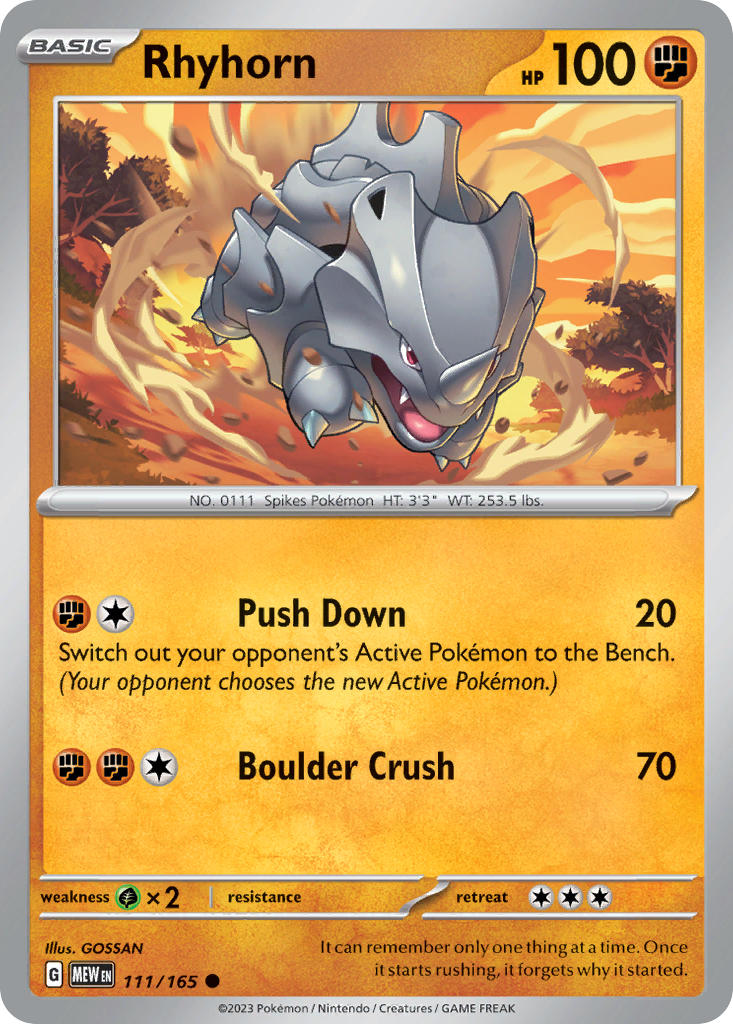 Rhyhorn - 111/165 (MEW) Common - Near Mint