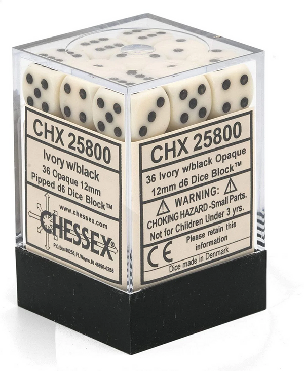CHX25800: Opaque - 12mm D6 Ivory w/black (36)