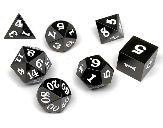 Gun Metal 7 Piece Dice Set - Signature Font - White