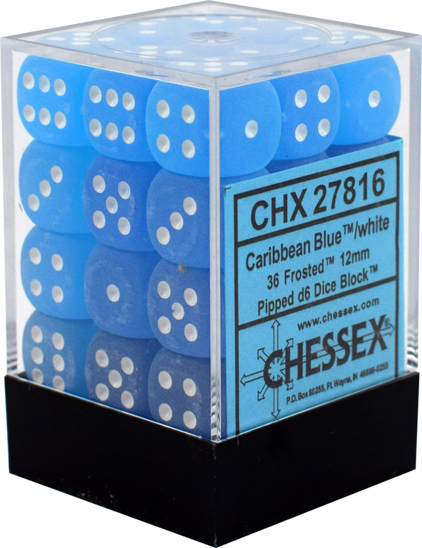 CHX27816: Frosted - 12mm D6 Caribbean Blue w/white (36)