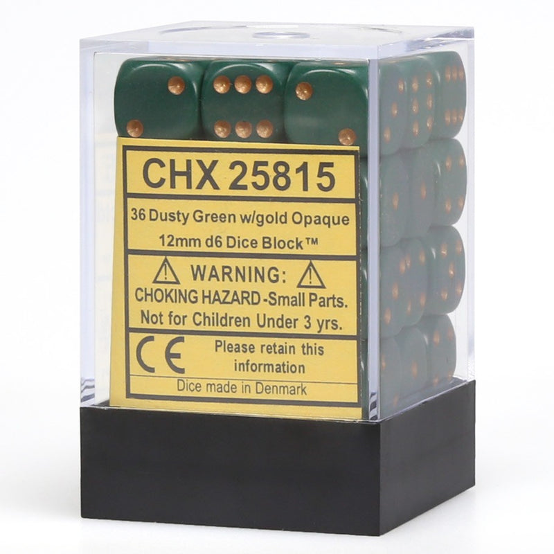 CHX25815: Opaque - 12mm D6 Dusty Green w/gold (36)