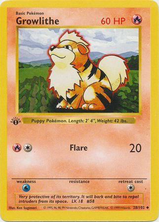 Growlithe - 028/102 (BS) 1st Edition Uncommon - Near Mint