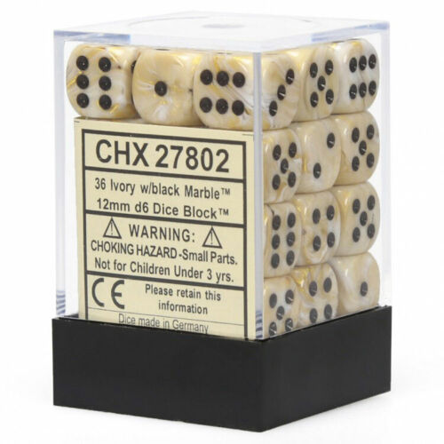 CHX27802: Marble - 12mm D6 Ivory w/black (36)