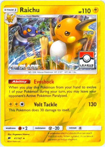 Raichu - 041/147 (League Challenge) [2nd Place] (SM:PR) Holo Rare - Near Mint Holofoil