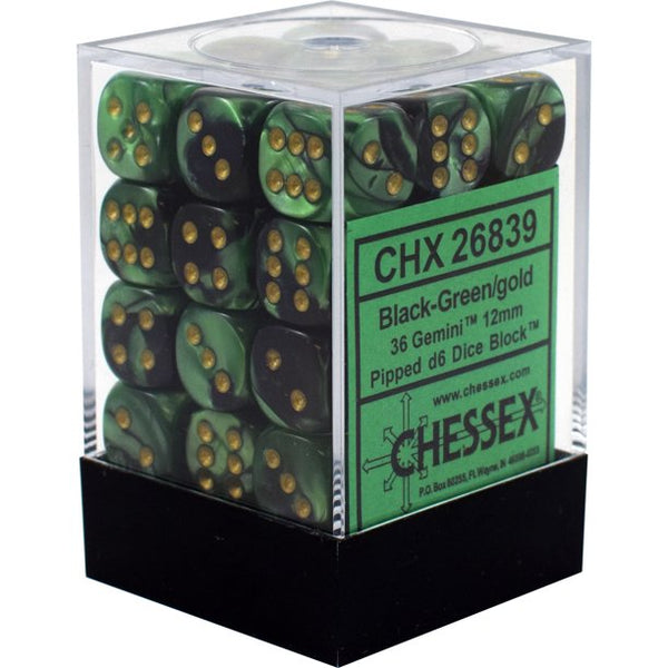 CHX26839: Gemini - 12mm D6 Black Green w/gold (36)