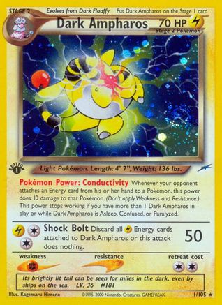 Dark Ampharos - 001/105 (N4) Holo Rare - Heavy Play Holofoil