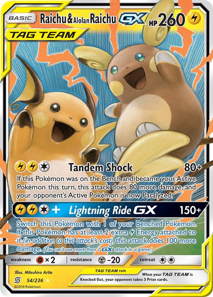 Raichu & Alolan Raichu GX - 54/236 (UNM) Ultra Rare - Damaged Holofoil