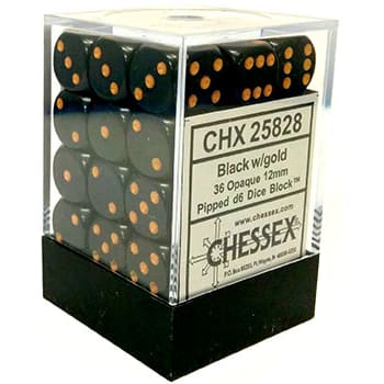 CHX25828: Opaque - 12mm D6 Black w/gold (36)