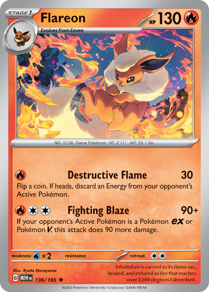 Flareon - 136/165 (MEW) Rare - Near Mint Holofoil