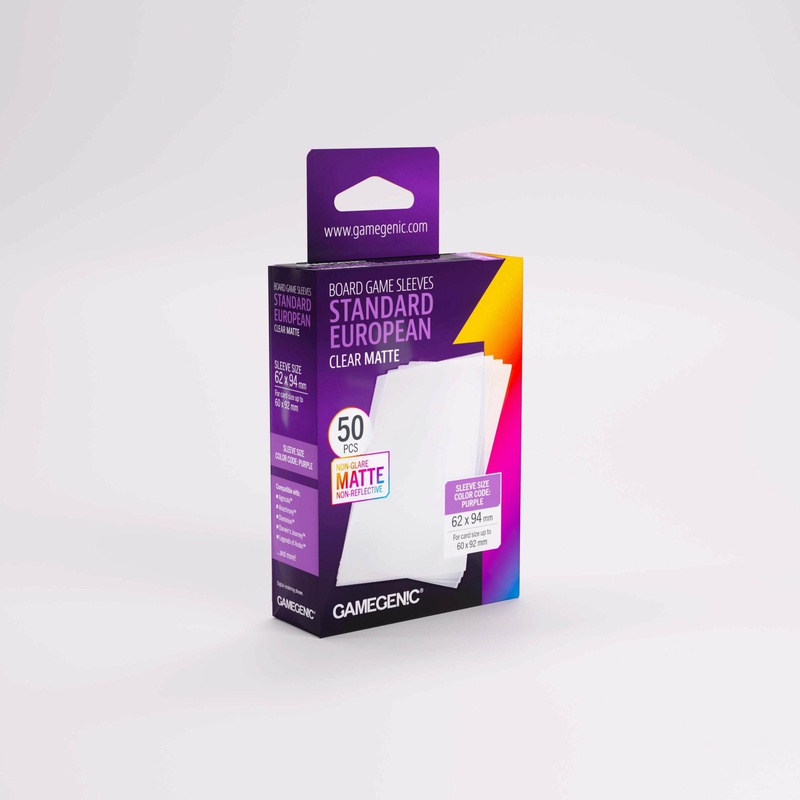 GameGenic: Board Game Sleeves - Matte Clear: Standard European (Purple 50ct)