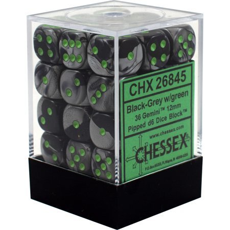 CHX26845: Gemini - 12mm D6 Black Grey w/green (36)