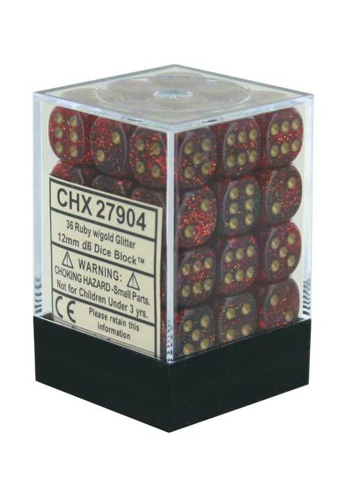 CHX27904: Glitter - 12mm D6 Ruby w/gold (36)