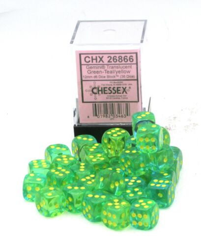 CHX 26866: Gemini 12 mm D6 Translucent Green-Teal w/yellow (36)
