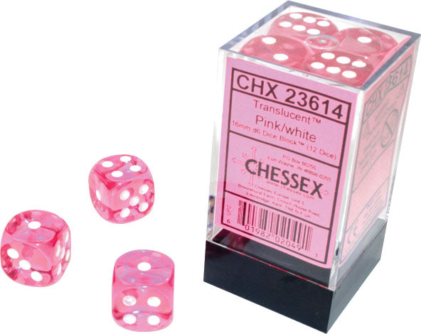 CHX23614: Translucent - 16mm D6 Pink w/white (12)